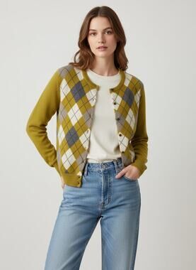J.Crew Vintage Classic Preppy Argyle Wool Blend Cardigan Sweater, Large
